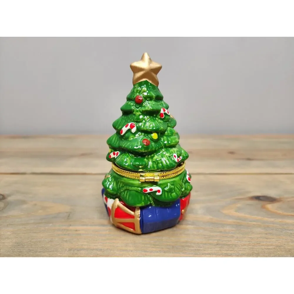 Vintage Christmas Tree Trinket Box Figurine Holiday Decor Whimsical Ceramic